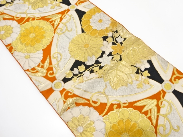 JAPANESE KIMONO / ANTIQUE FUKURO OBI / SILK / WOVEN KIKU ARABESQUE